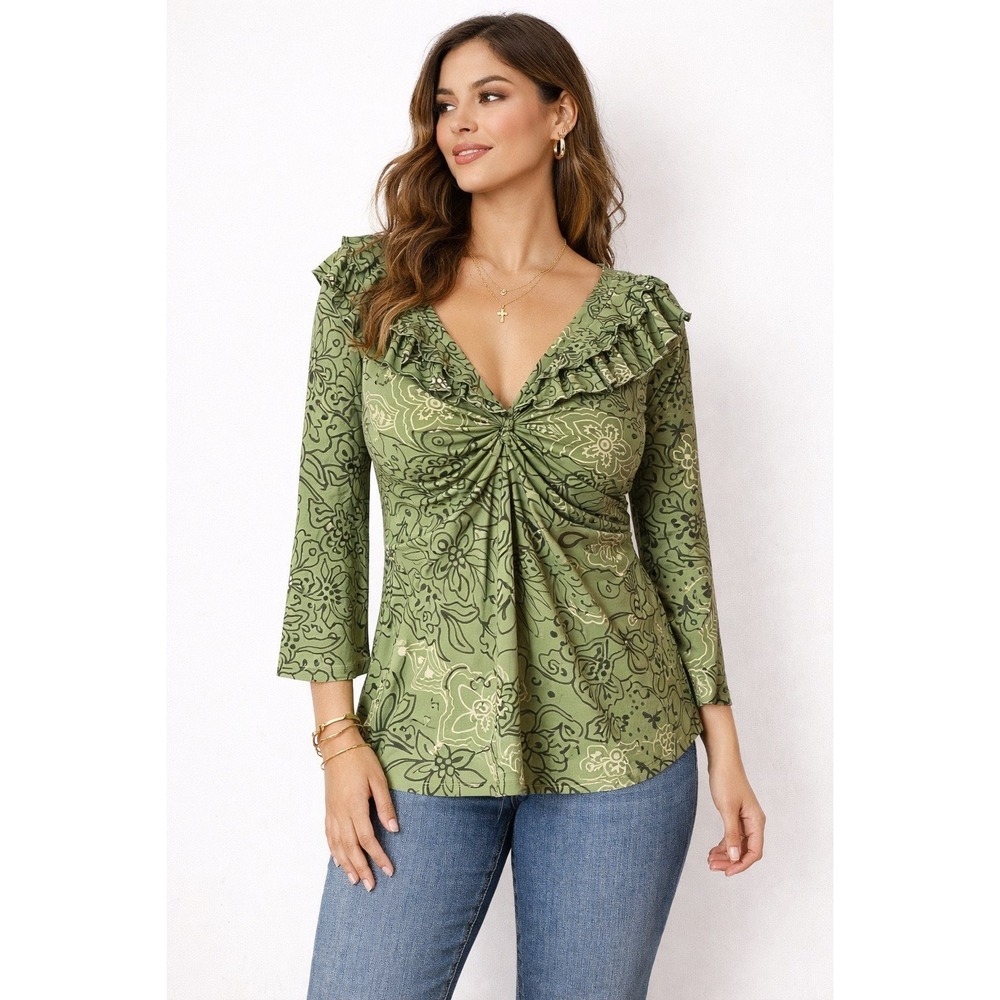 Y2K Dressbarn Women Babydoll Boho Green Floral Print 3/4 Sleeve V-Neck Top L